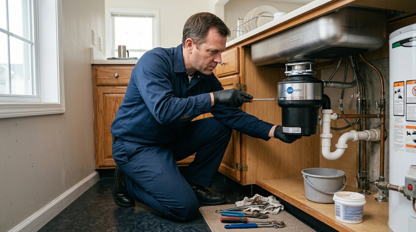 Garbage disposal repair under kitchen sink